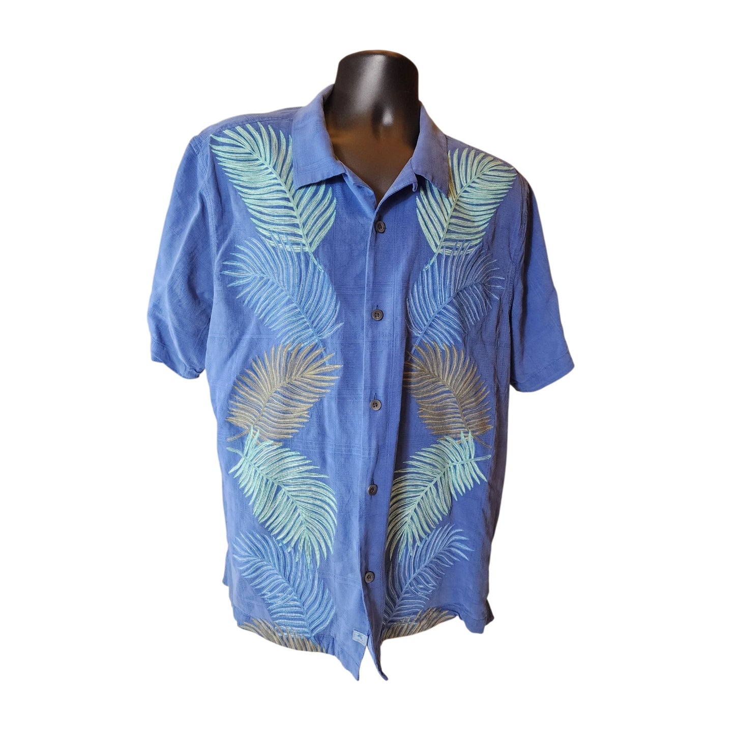 Tommy Bahama Silk Camp Shirt Large Palm Frond Aloha Top Island Vacation Hawaiian