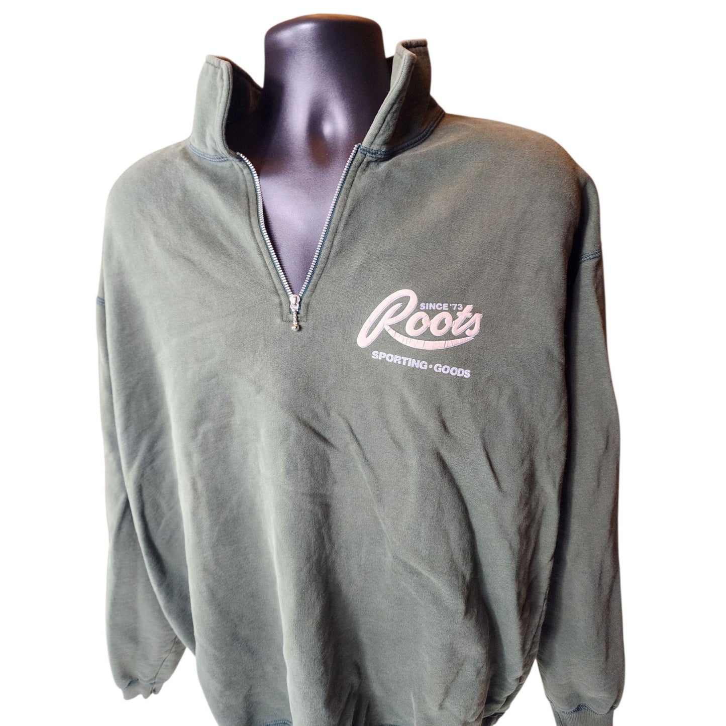 Roots Canada Half Zip Pullover Sweatshirt Mens XL Green Cotton Vintage Y2K