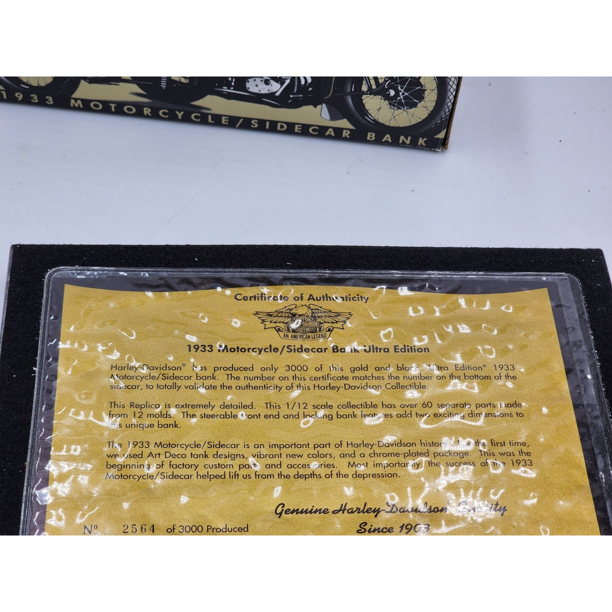 Harley Davidson 1933 Motorcycle Sidecar Bank Marble 1/12 Ultra COA 99205-94v Box