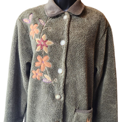 Teddi Floral Embroidered Sherpa Fleece Jacket Women Large Cozy Fall Cottagecore