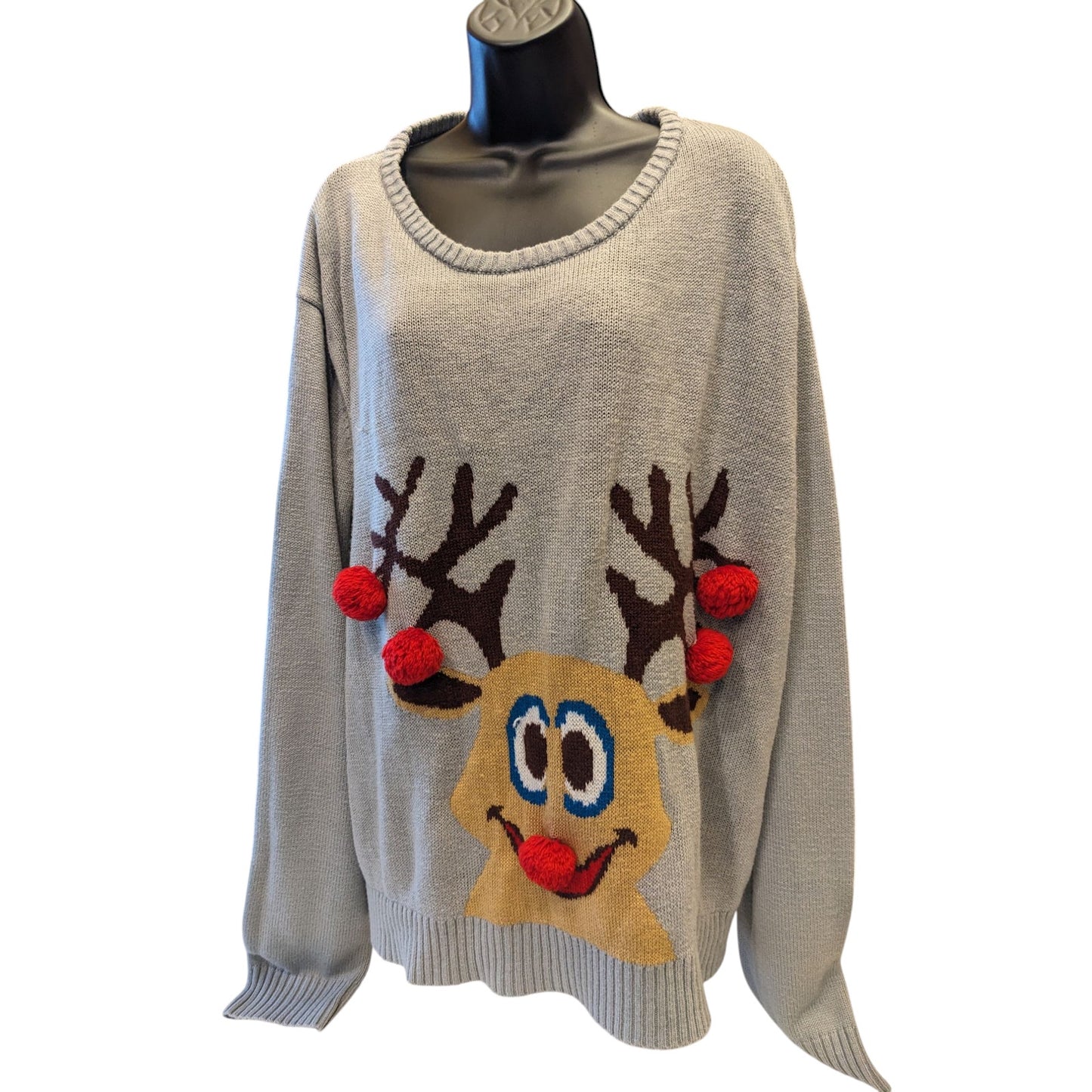 Ugly Christmas Sweater Women 2XL Reindeer 3D PomPom Acrylic Pullover Long Sleeve