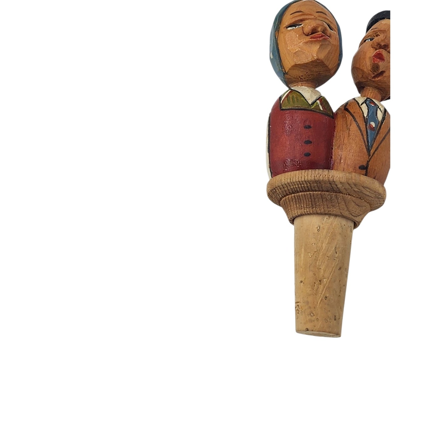 ANRI Italian HandCarved Wooden Bottle Stopper Couple Mechanical Folk Art Barware