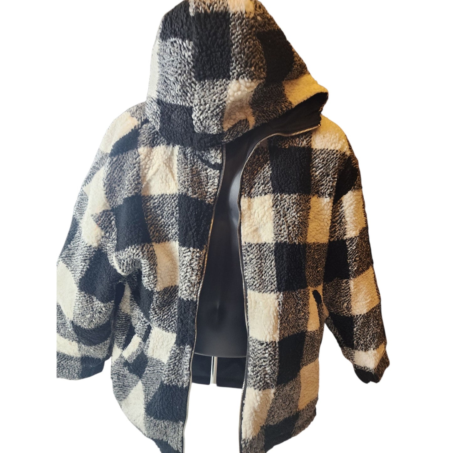 Buffalo Check Sherpa Fleece Jacket Large Black White Plaid Zip Hooded Coat Cozy