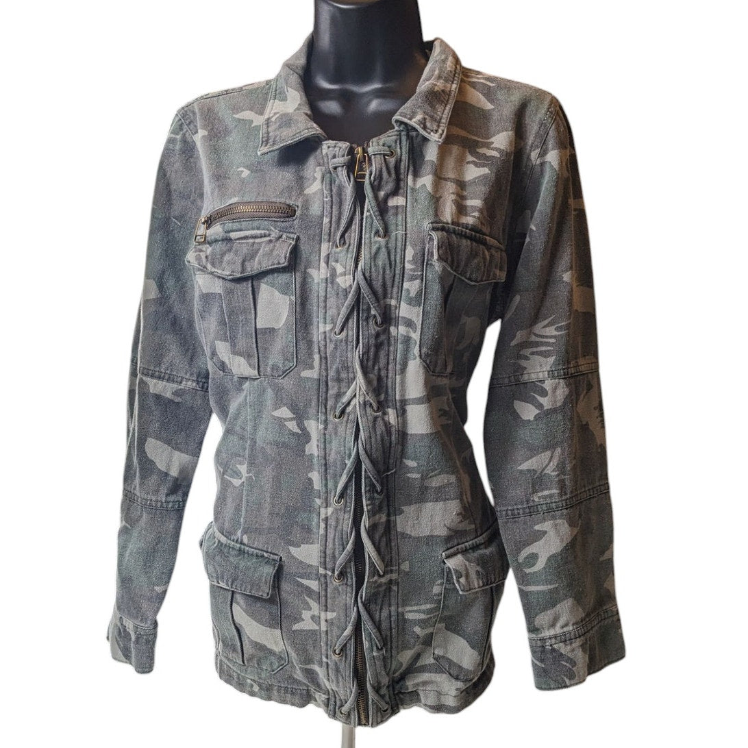 BKE Camo Utility Jacket Womens Large Military Style Zip Up Field Coat Sweatshirt