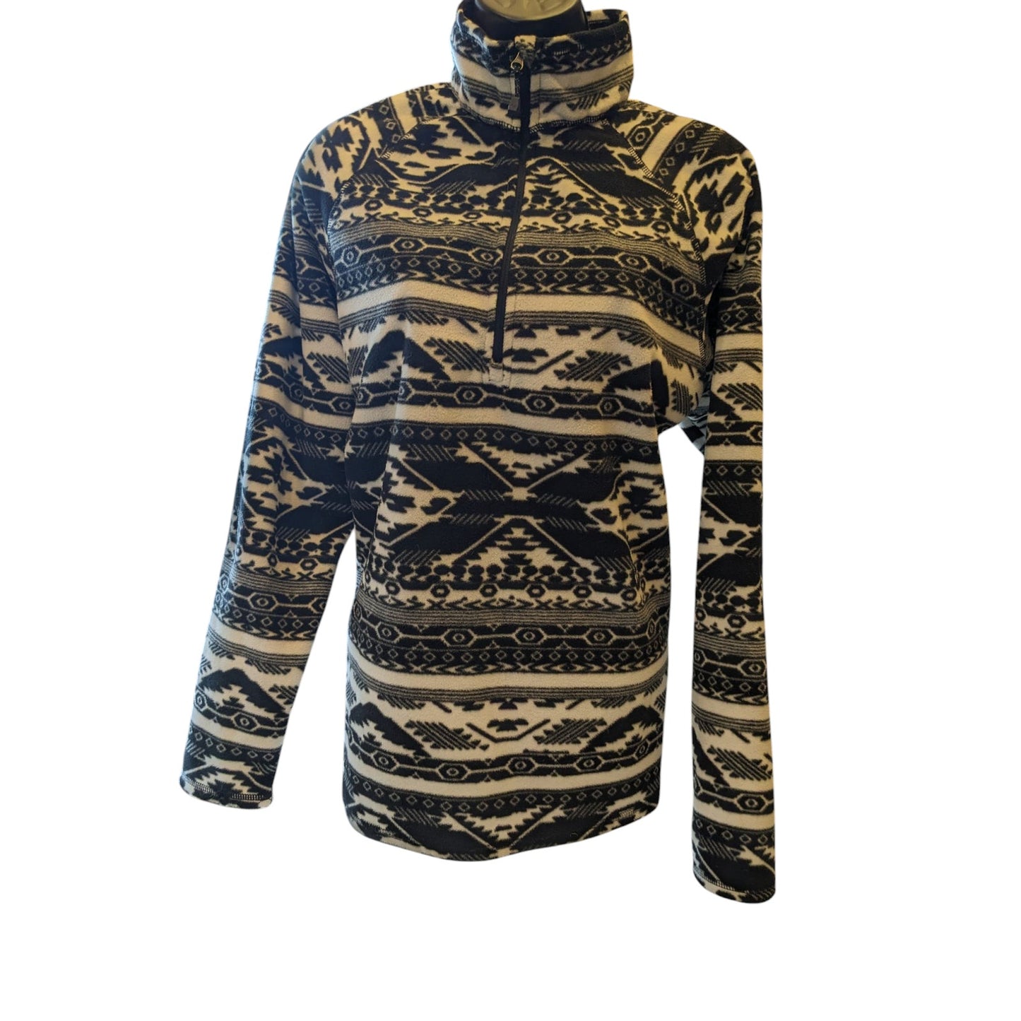 Eddie Bauer Sweater Womens XL Fleece Pullover Aztec Tribal Black White Cozy Warm