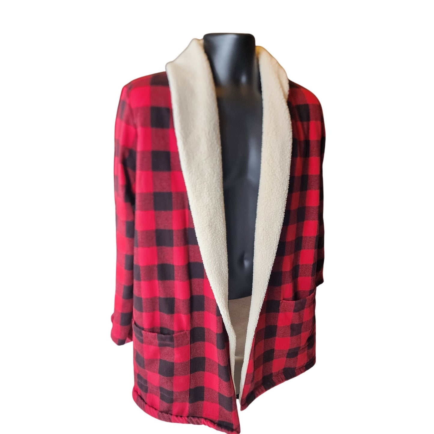 Eddie Bauer Buffalo Plaid Sherpa Lined Open Jacket Medium Cabin Flannel Shacket