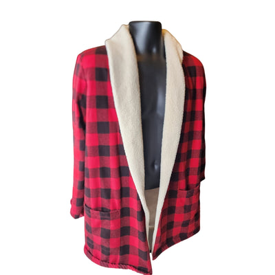 Eddie Bauer Buffalo Plaid Sherpa Lined Open Jacket Medium Cabin Flannel Shacket