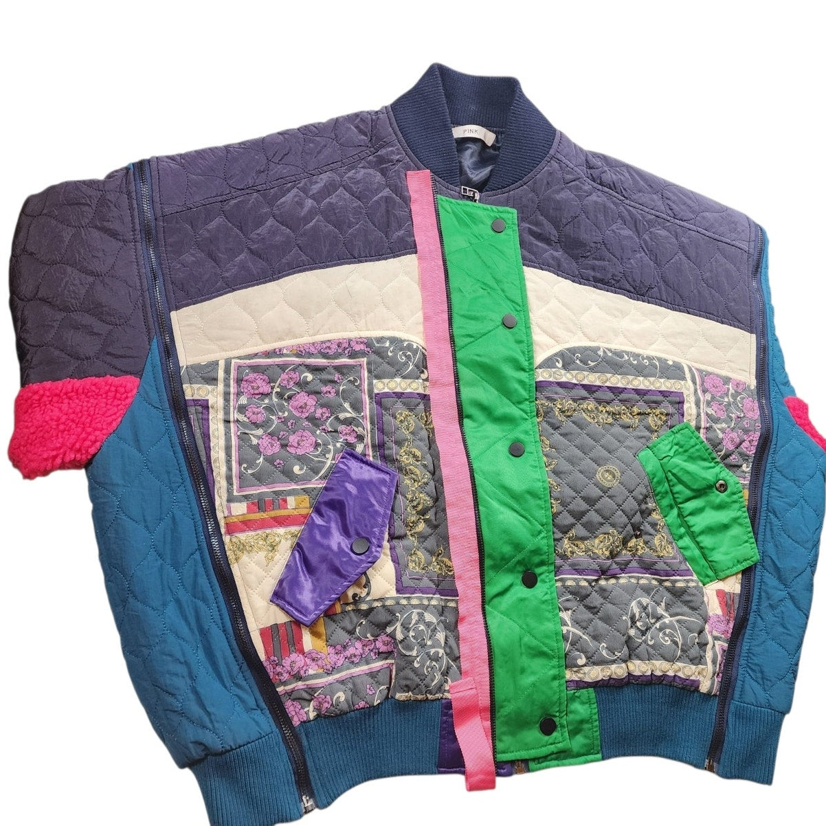 DTU Pink Colorblock Jacket M Oversized XL Quilted Patchwork Bomber Retro Street