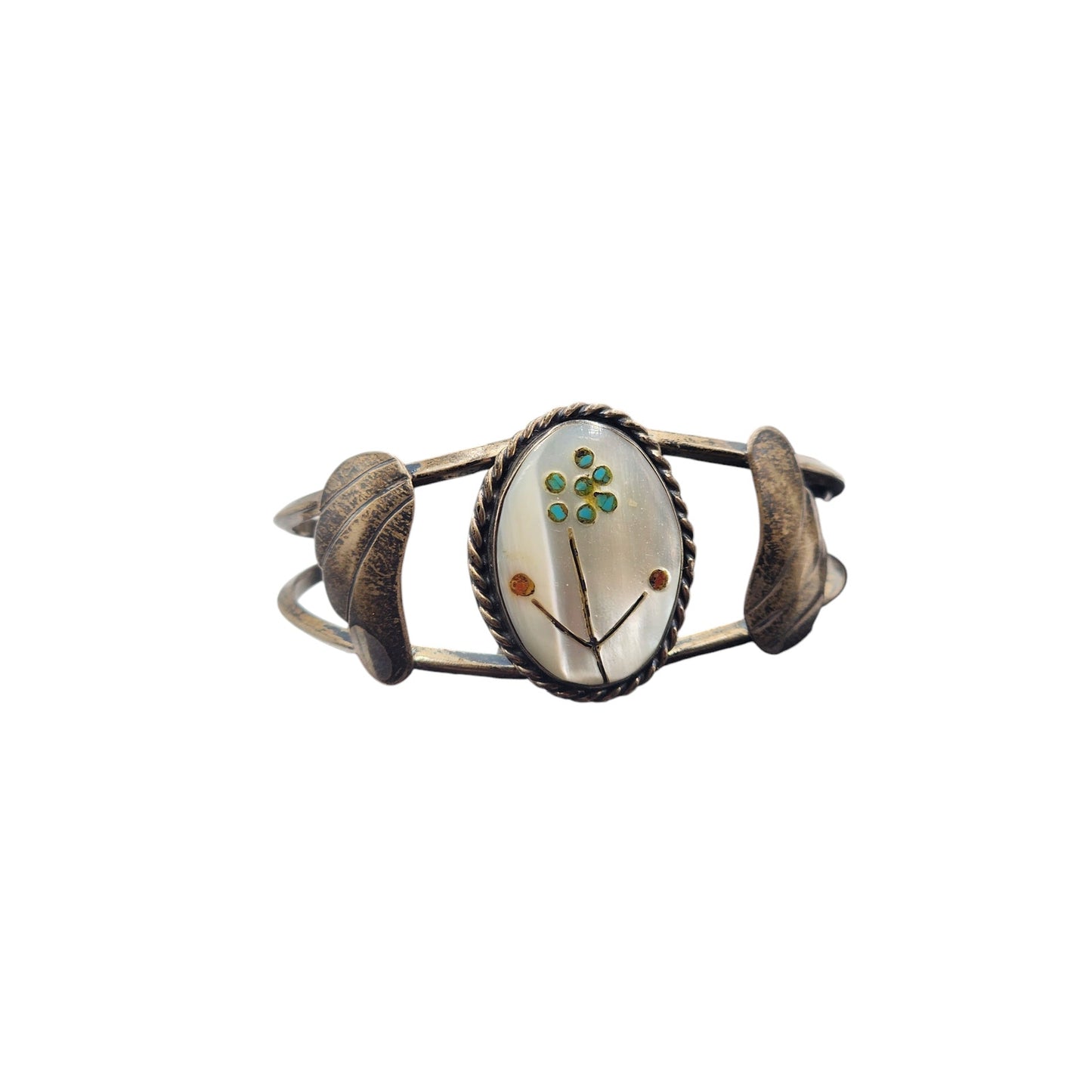 Zuni Jewelry Sterling Cuff Bracelet Coral Turquoise MOP 17g Native American 6"