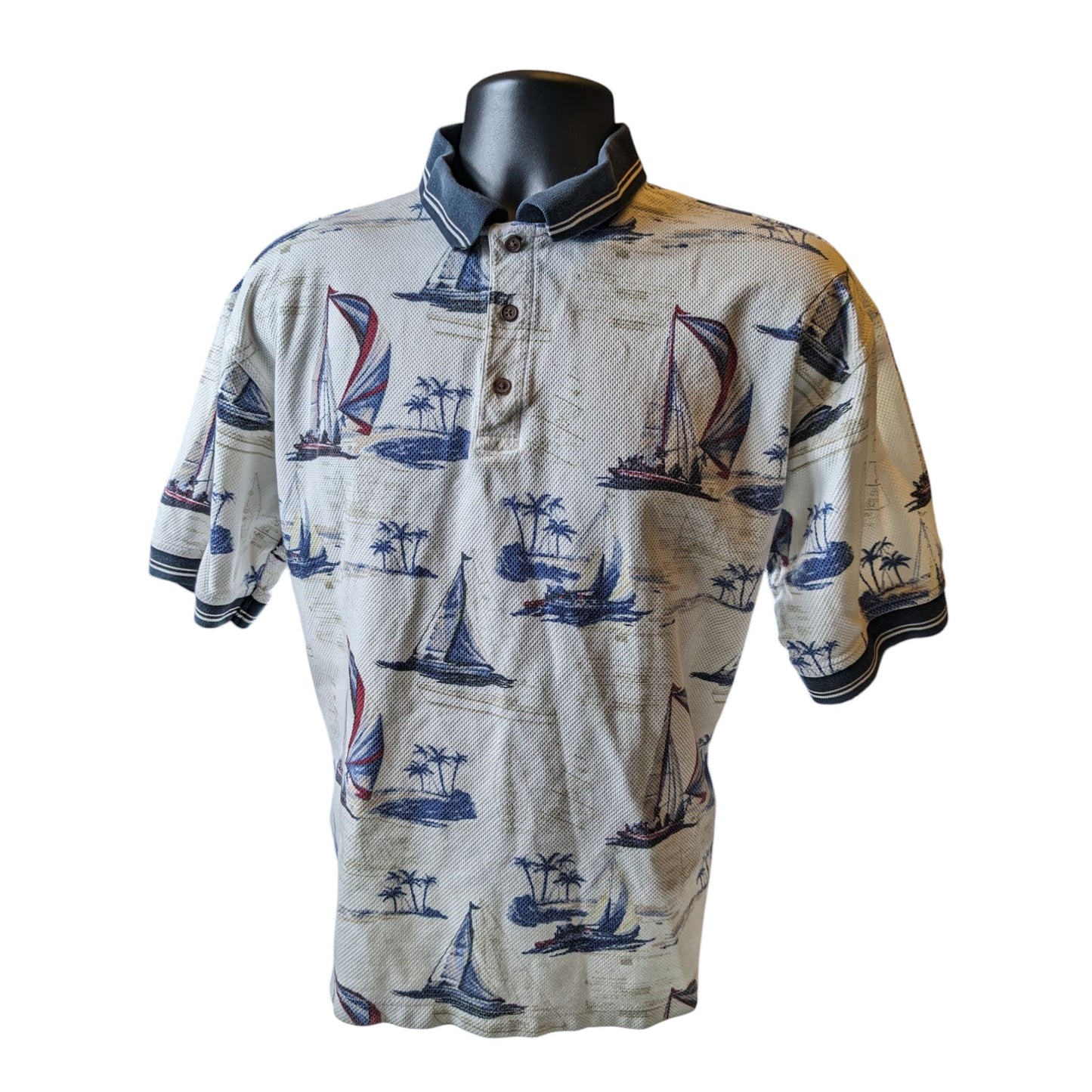 American Summer Polo Shirt Mens Large Nautical Sailboat Vintage Vacation Preppy