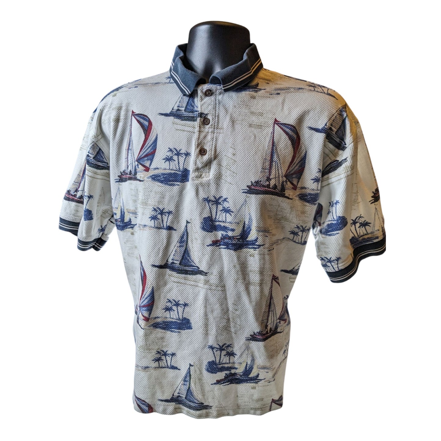 American Summer Polo Shirt Mens Large Nautical Sailboat Vintage Vacation Preppy