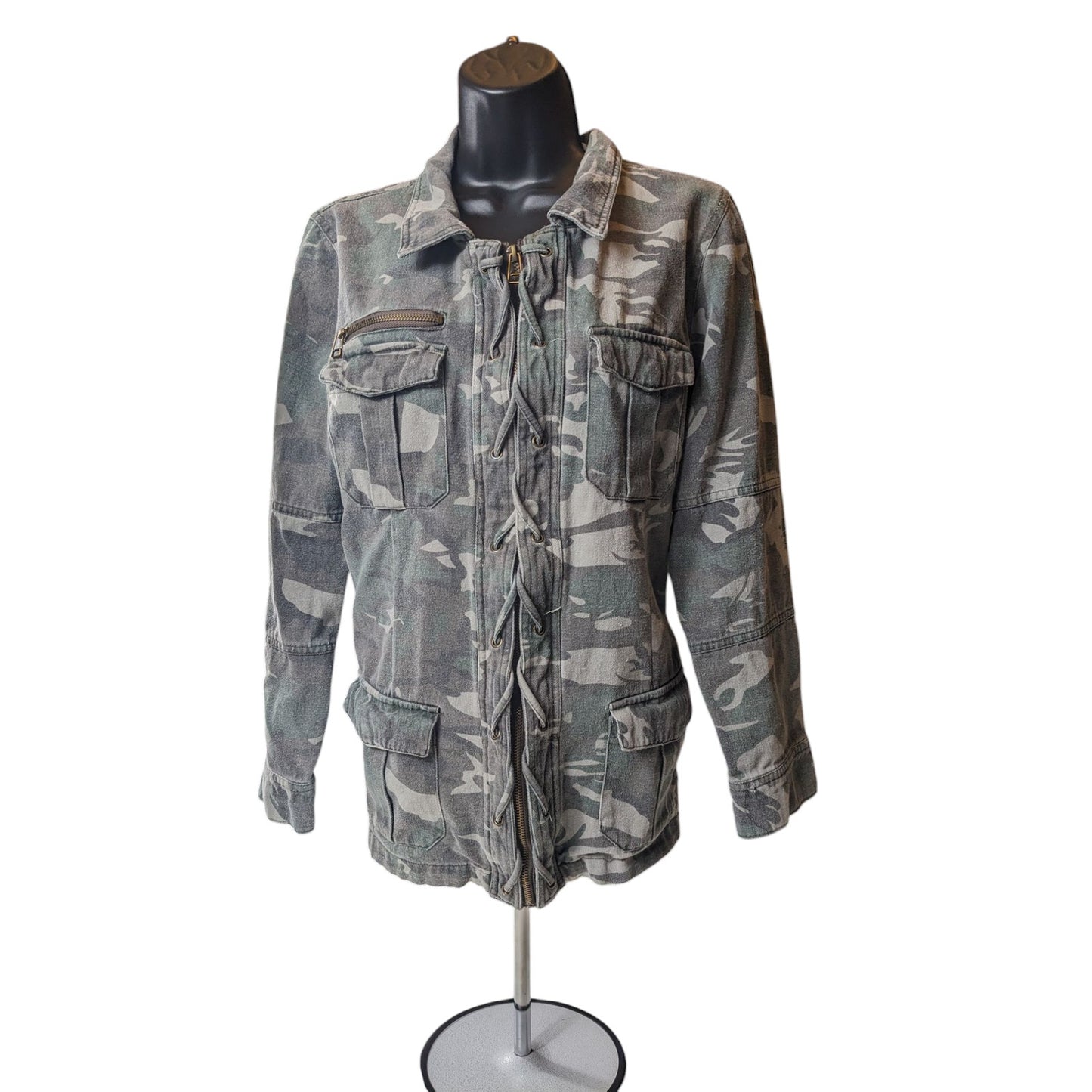 BKE Camo Utility Jacket Womens Large Military Style Zip Up Field Coat Sweatshirt