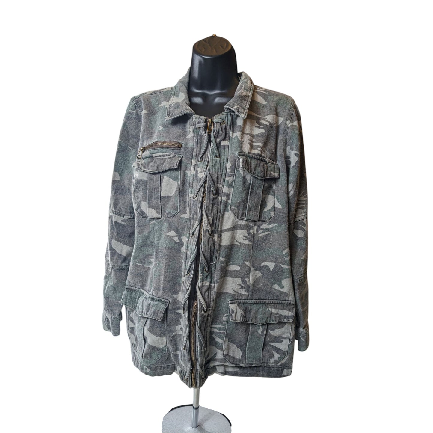 BKE Camo Utility Jacket Womens Large Military Style Zip Up Field Coat Sweatshirt