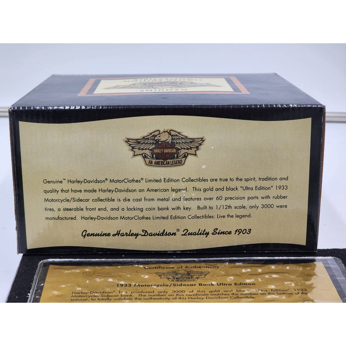 Harley Davidson 1933 Motorcycle Sidecar Bank Marble 1/12 Ultra COA 99205-94v Box