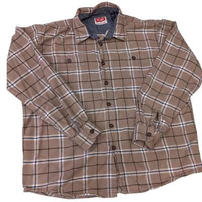 Wrangler Mens XL Brown Flannel Shirt Long Sleeve Button Down Plaid Workwear