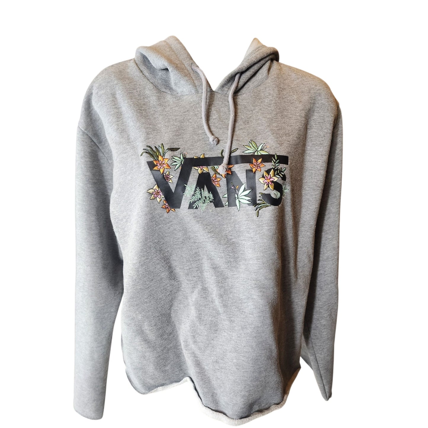 VANS Hoodie Womens Medium Floral Embroidered Raw Hem Cut Off Pullover Sweatshirt