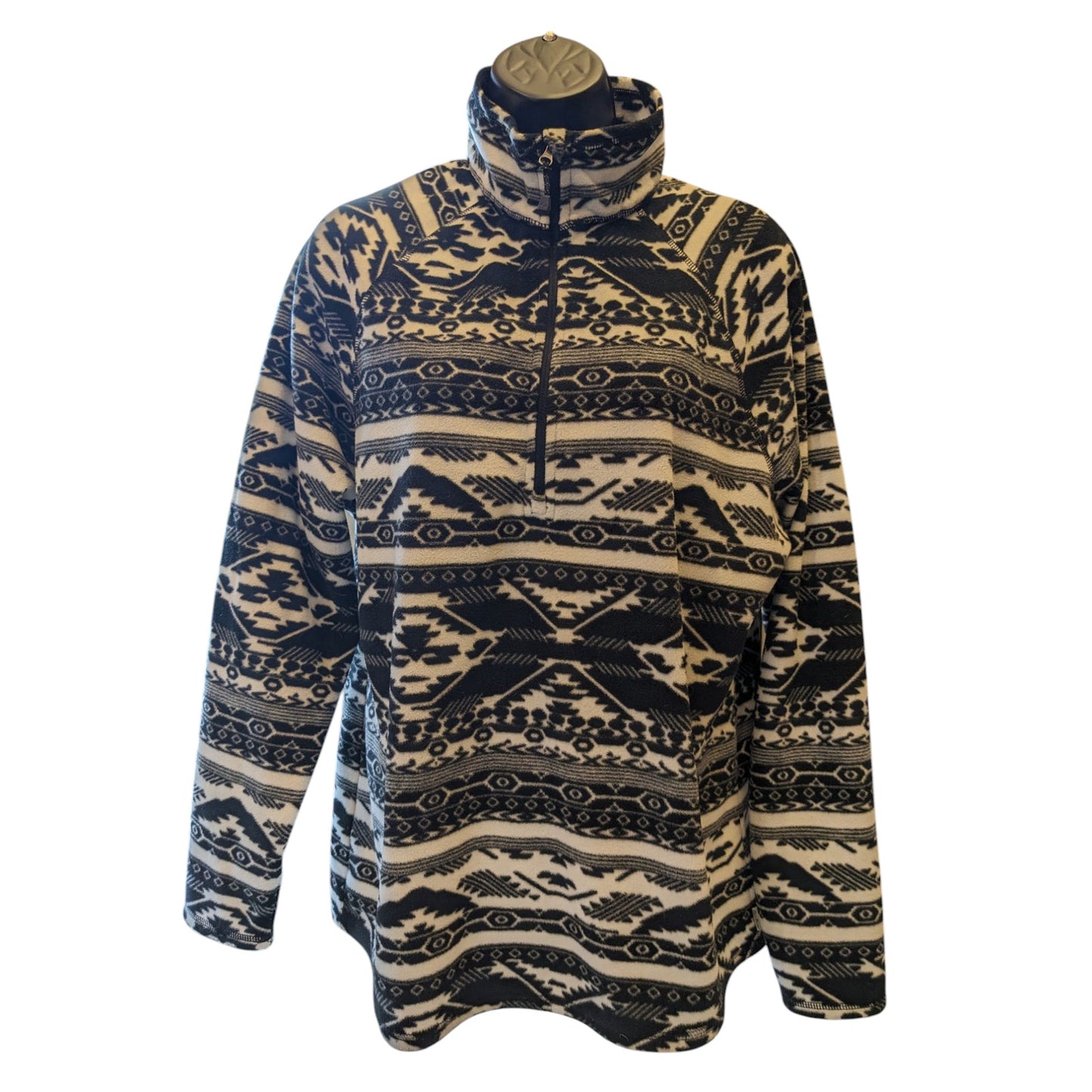 Eddie Bauer Sweater Womens XL Fleece Pullover Aztec Tribal Black White Cozy Warm
