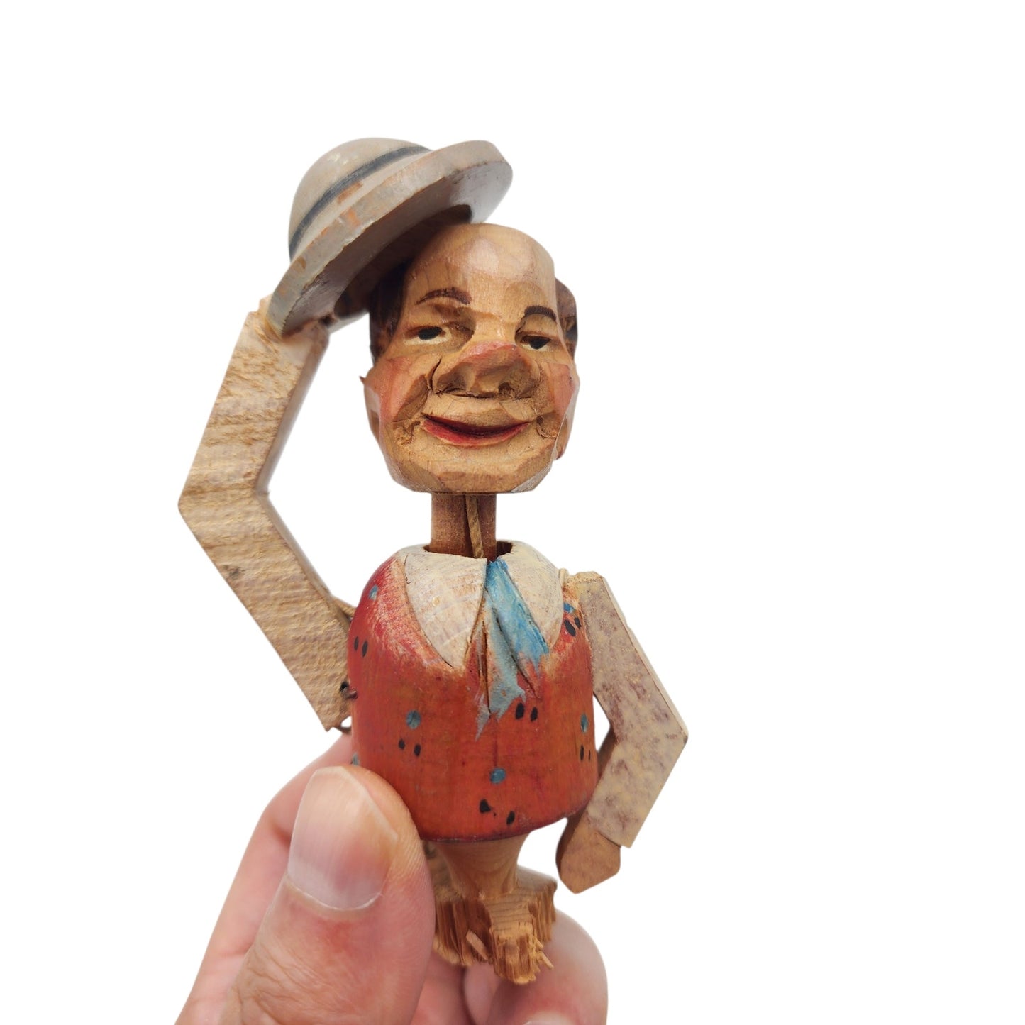 Vintage ANRI Italian Hand Carved Wooden Movable Arm Hat FolkArt Barware Stopper