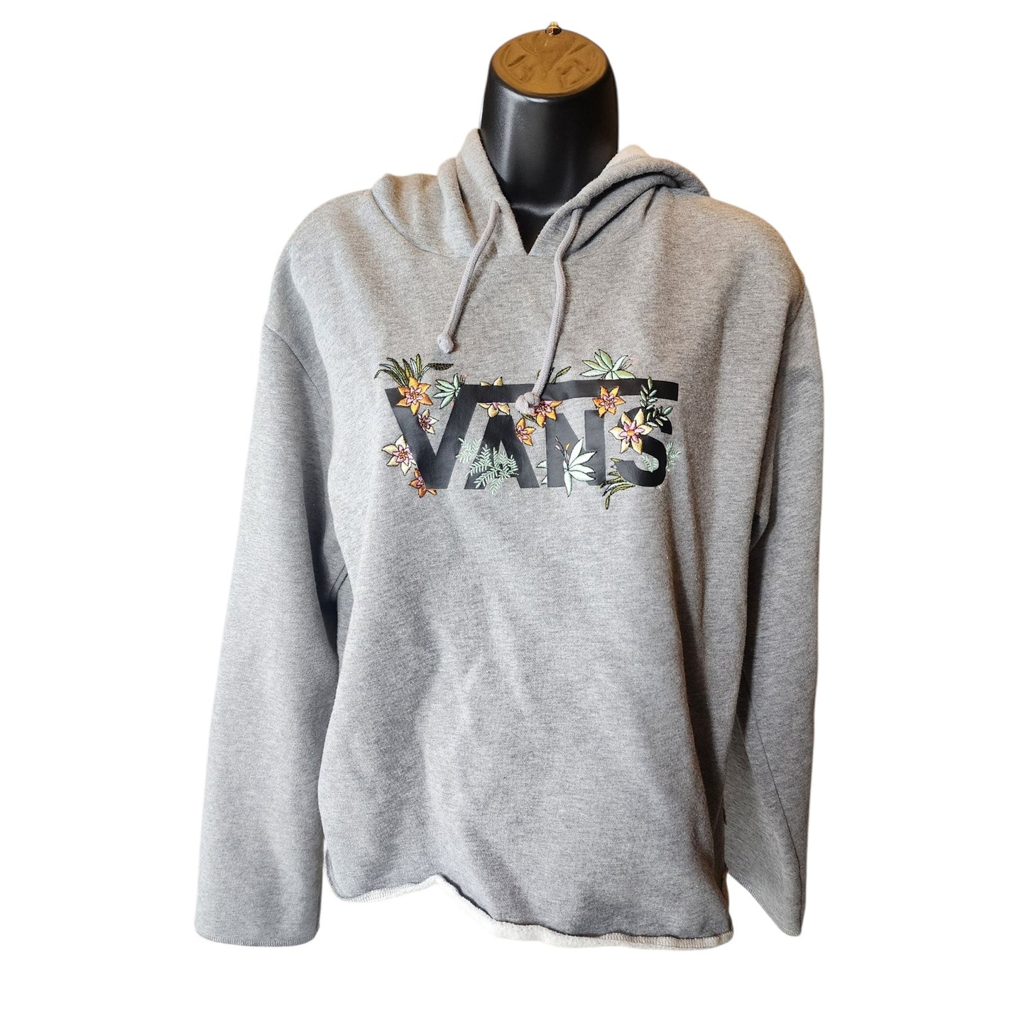 VANS Hoodie Womens Medium Floral Embroidered Raw Hem Cut Off Pullover Sweatshirt