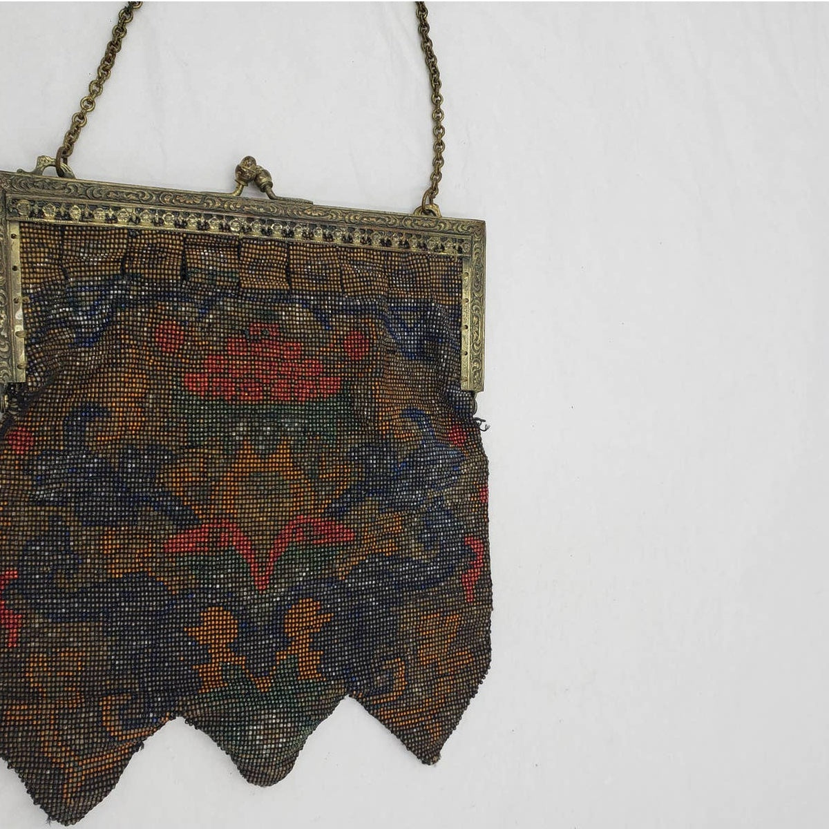Antique 1920s Art Deco Enamel Metal Mesh Purse Lot 2 Pictorial Floral Chain Handbag Flapper Evening Bag Ornate Pierced Frames Collectible