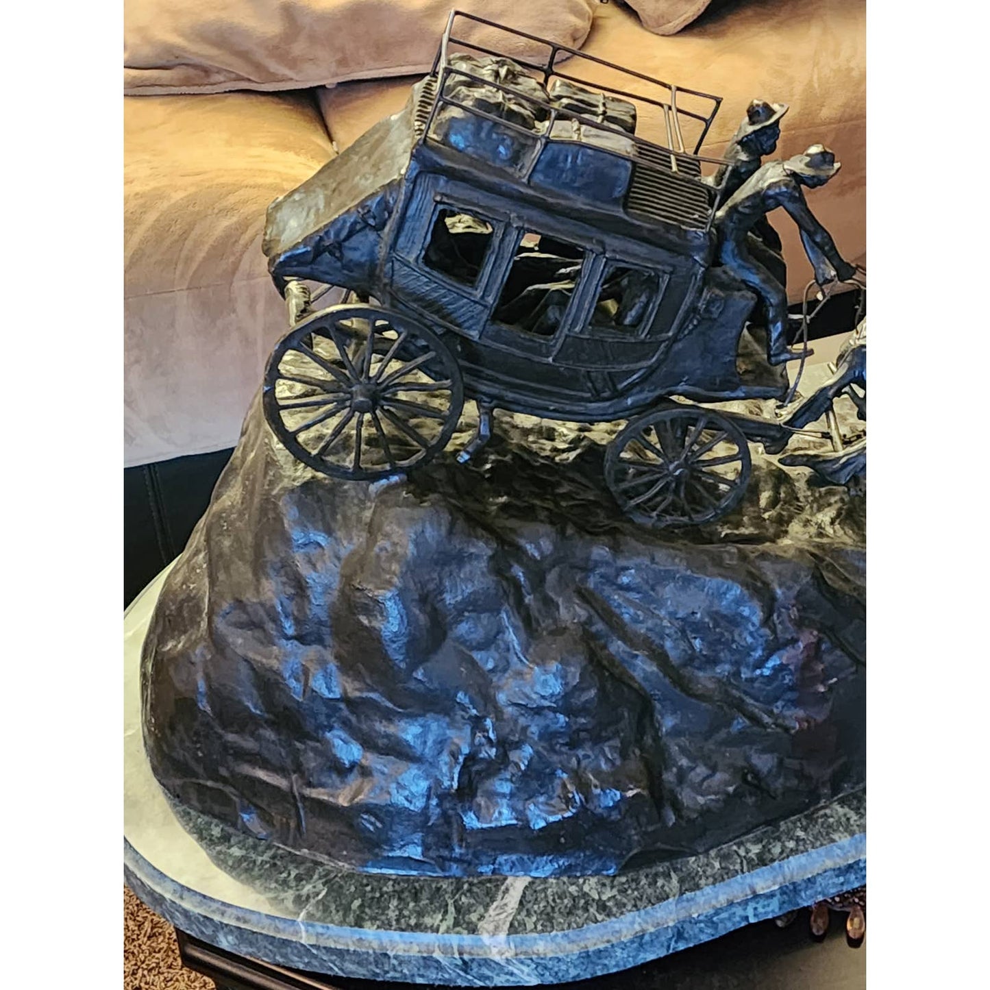 Large Stagecoach Bronze Sculpture Charles Russell Marble Base Western Art 46"
