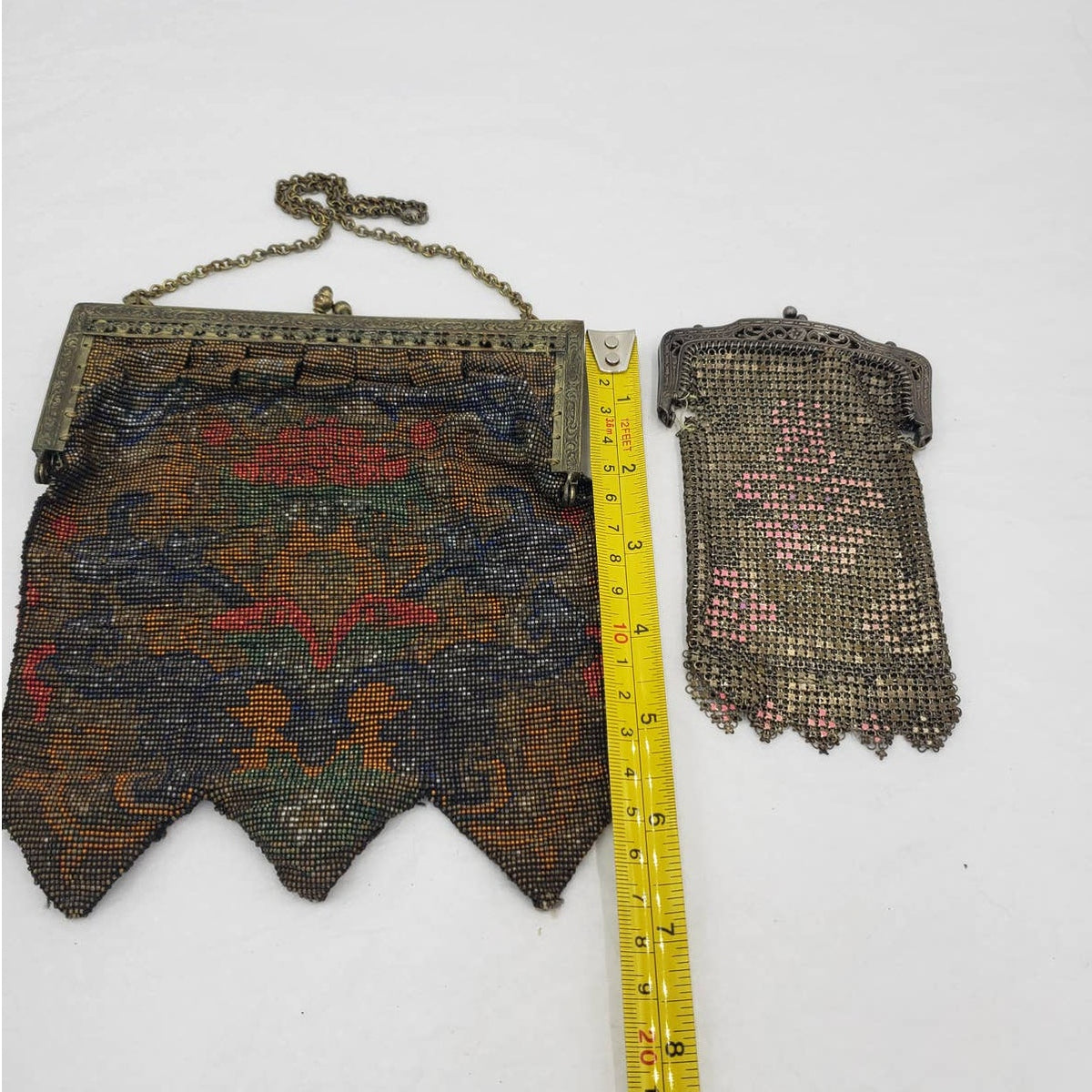Antique 1920s Art Deco Enamel Metal Mesh Purse Lot 2 Pictorial Floral Chain Handbag Flapper Evening Bag Ornate Pierced Frames Collectible