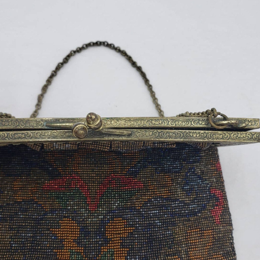 Antique 1920s Art Deco Enamel Metal Mesh Purse Lot 2 Pictorial Floral Chain Handbag Flapper Evening Bag Ornate Pierced Frames Collectible