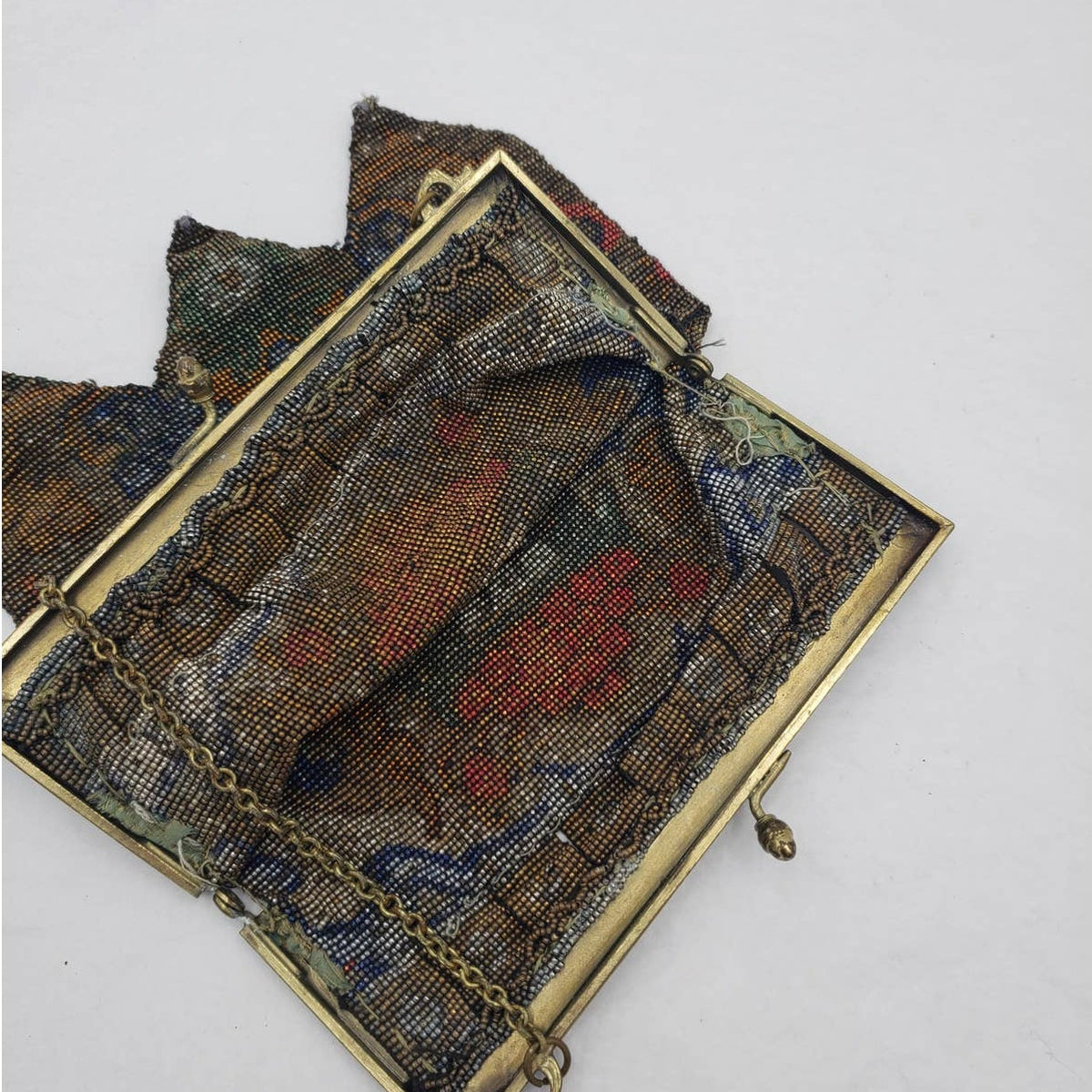 Antique 1920s Art Deco Enamel Metal Mesh Purse Lot 2 Pictorial Floral Chain Handbag Flapper Evening Bag Ornate Pierced Frames Collectible