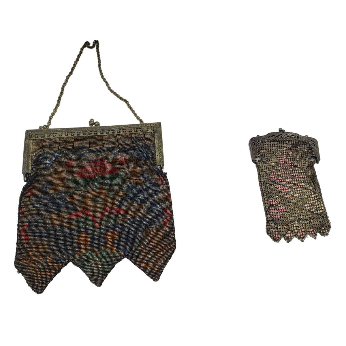 Antique 1920s Art Deco Enamel Metal Mesh Purse Lot 2 Pictorial Floral Chain Handbag Flapper Evening Bag Ornate Pierced Frames Collectible