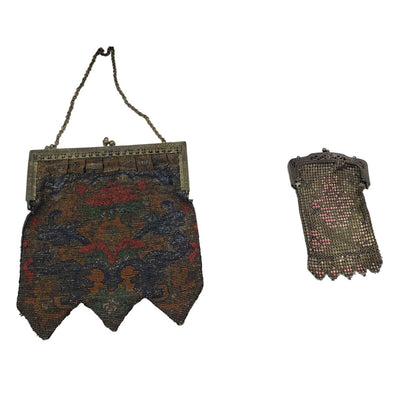 Antique 1920s Art Deco Enamel Metal Mesh Purse Lot 2 Pictorial Floral Chain Handbag Flapper Evening Bag Ornate Pierced Frames Collectible