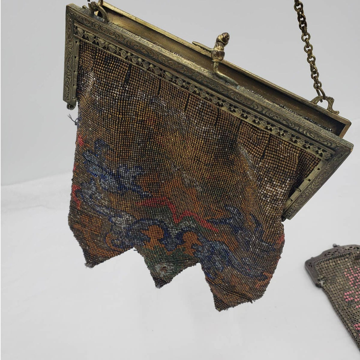 Antique 1920s Art Deco Enamel Metal Mesh Purse Lot 2 Pictorial Floral Chain Handbag Flapper Evening Bag Ornate Pierced Frames Collectible