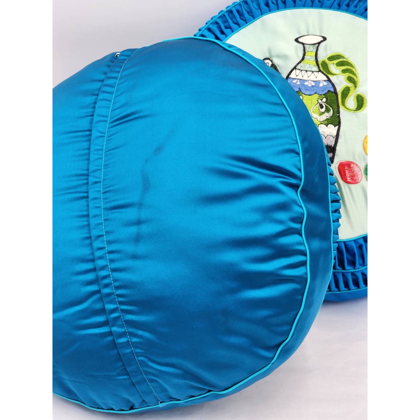 Asian Throw Pillows Pair Embroidered Blue Satin Round Decorative Tea Time