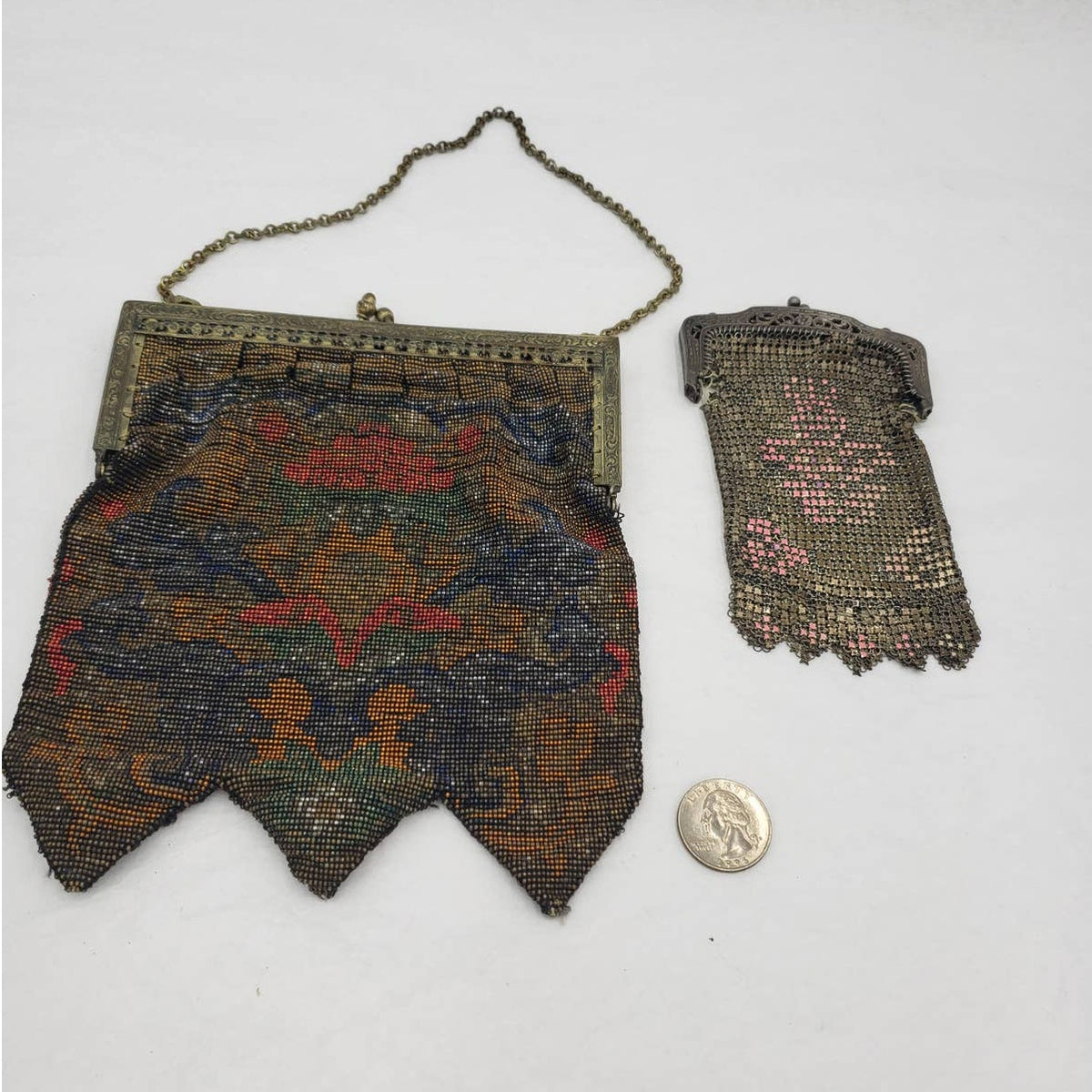 Antique 1920s Art Deco Enamel Metal Mesh Purse Lot 2 Pictorial Floral Chain Handbag Flapper Evening Bag Ornate Pierced Frames Collectible