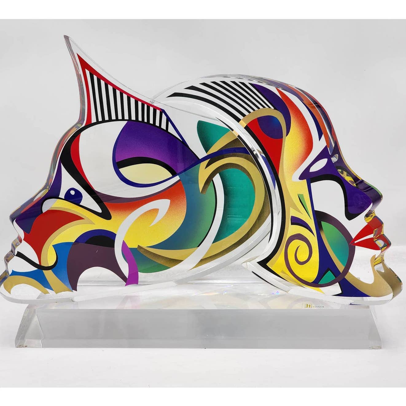 Shlomi Haziza Acrylic Sculpture Lucite Two Faces Abstract Signed Israeli Artist