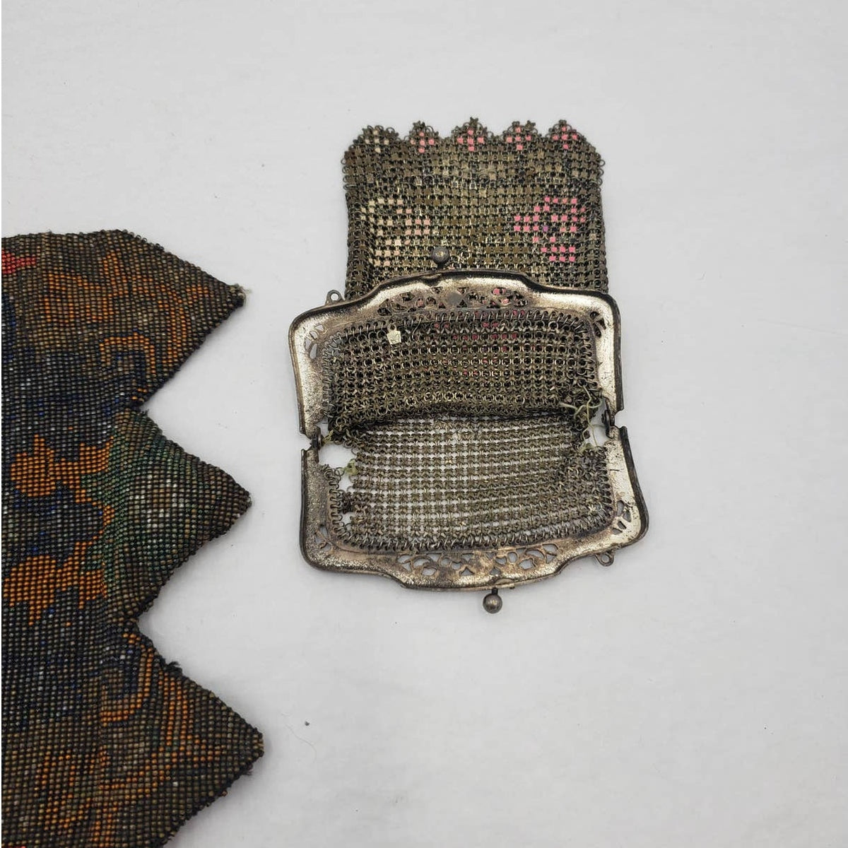 Antique 1920s Art Deco Enamel Metal Mesh Purse Lot 2 Pictorial Floral Chain Handbag Flapper Evening Bag Ornate Pierced Frames Collectible