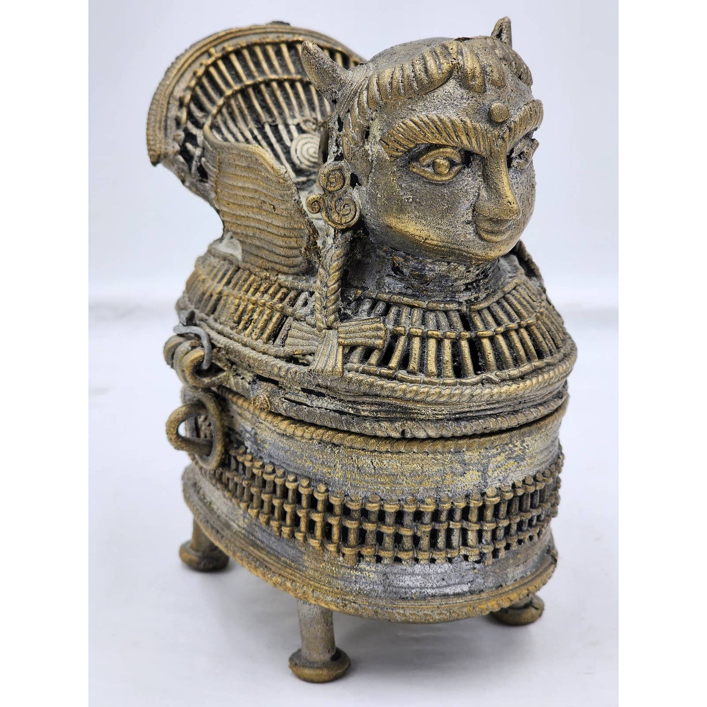 Old Jewelry Box Bronze India Art Hinged Footed Storage Trinket Hindu Kamdhenu