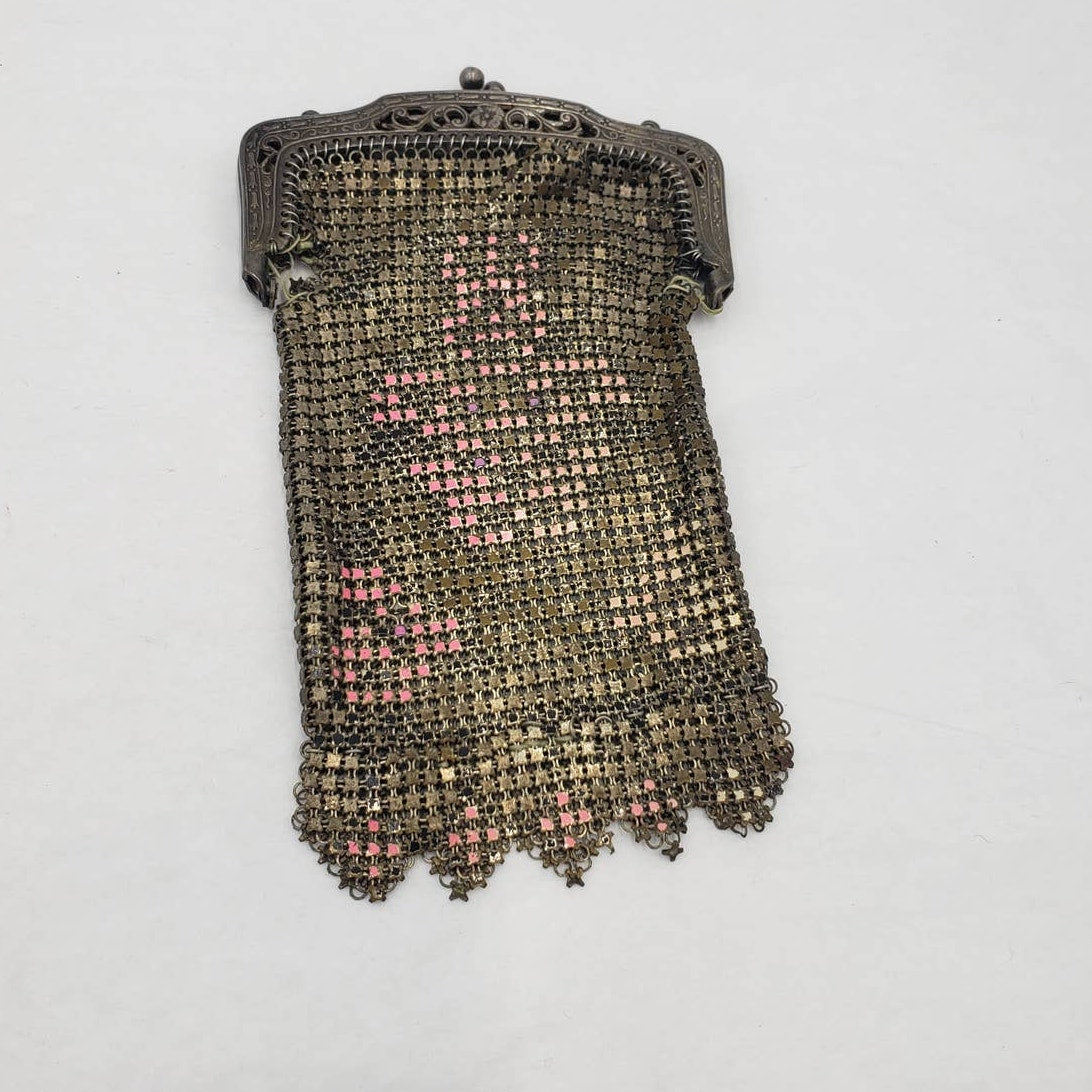 Antique 1920s Art Deco Enamel Metal Mesh Purse Lot 2 Pictorial Floral Chain Handbag Flapper Evening Bag Ornate Pierced Frames Collectible