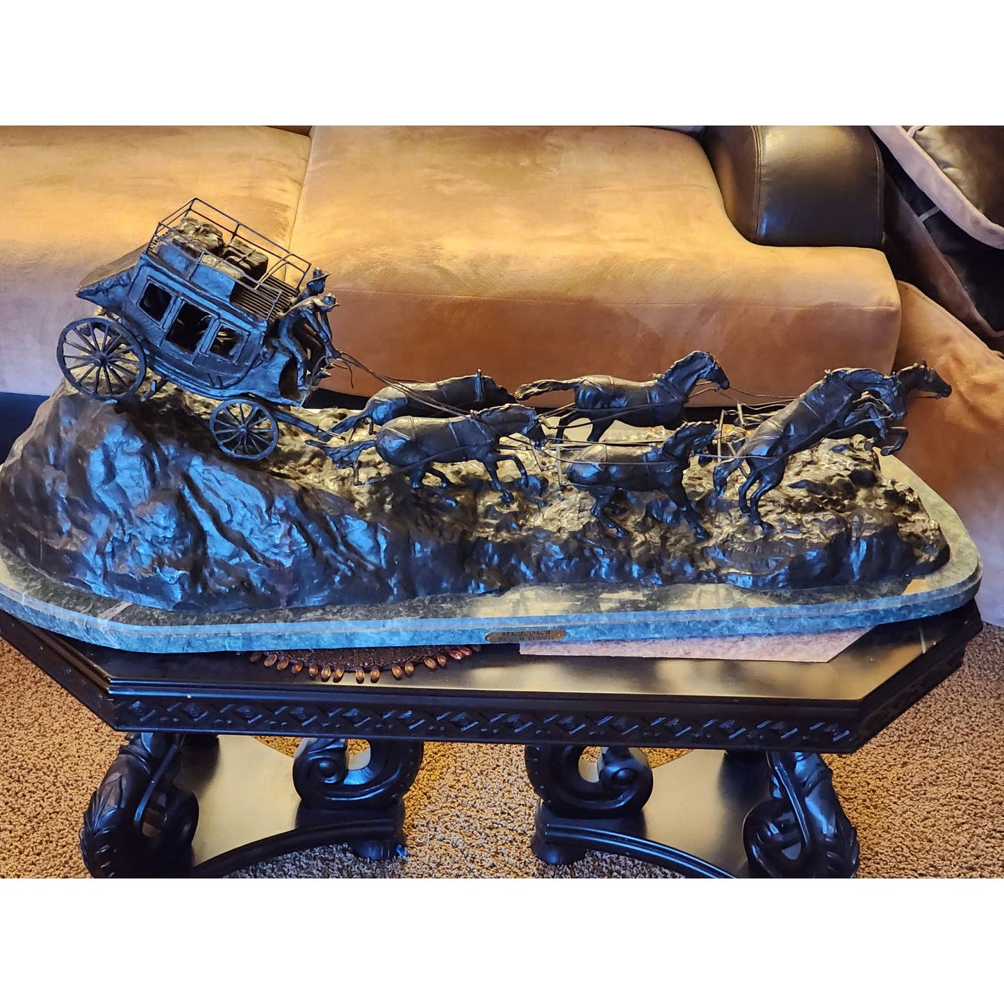 Large Stagecoach Bronze Sculpture Charles Russell Marble Base Western Art 46"