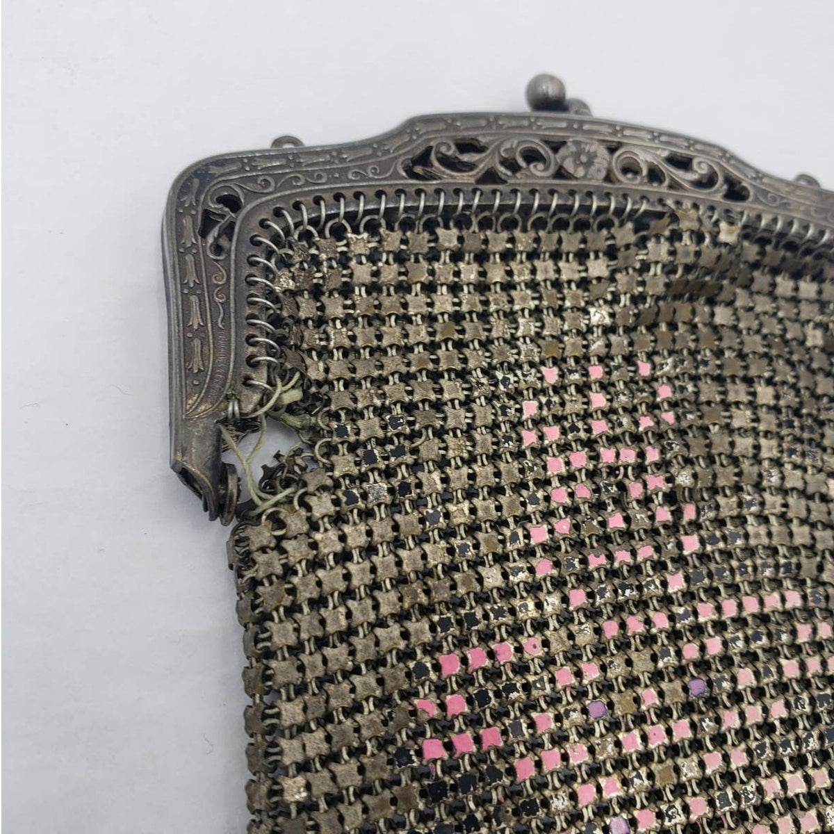 Antique 1920s Art Deco Enamel Metal Mesh Purse Lot 2 Pictorial Floral Chain Handbag Flapper Evening Bag Ornate Pierced Frames Collectible