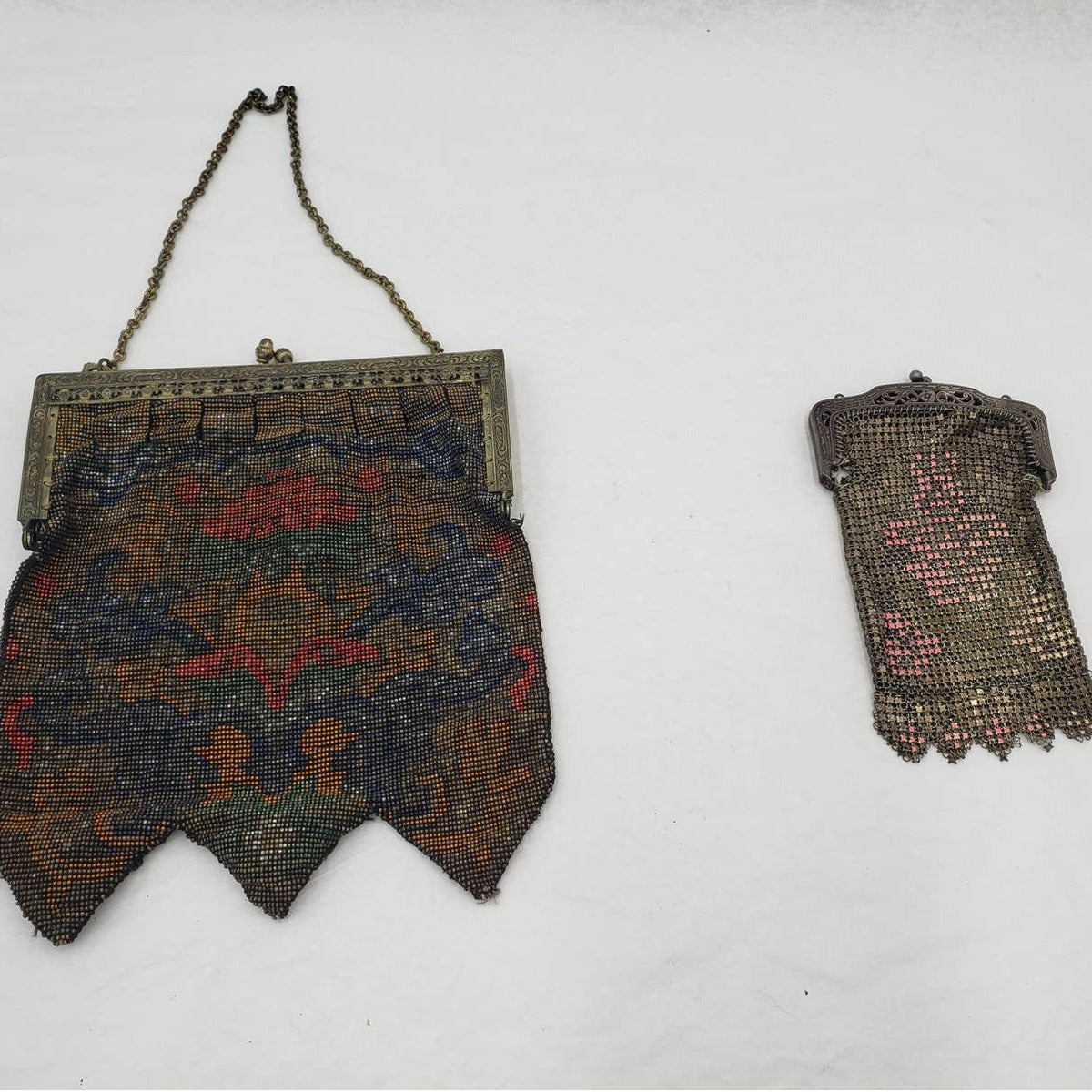 Antique 1920s Art Deco Enamel Metal Mesh Purse Lot 2 Pictorial Floral Chain Handbag Flapper Evening Bag Ornate Pierced Frames Collectible
