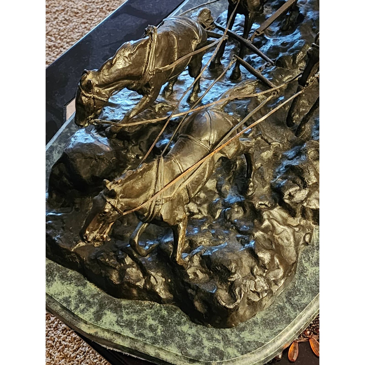 Large Stagecoach Bronze Sculpture Charles Russell Marble Base Western Art 46"