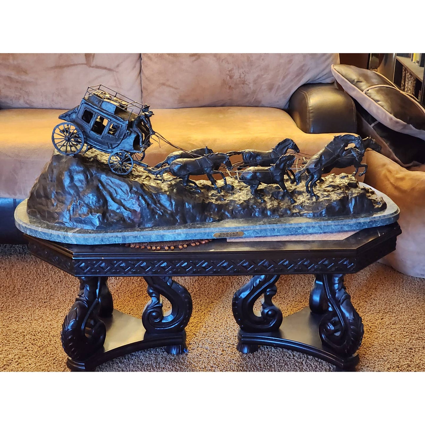 Large Stagecoach Bronze Sculpture Charles Russell Marble Base Western Art 46"