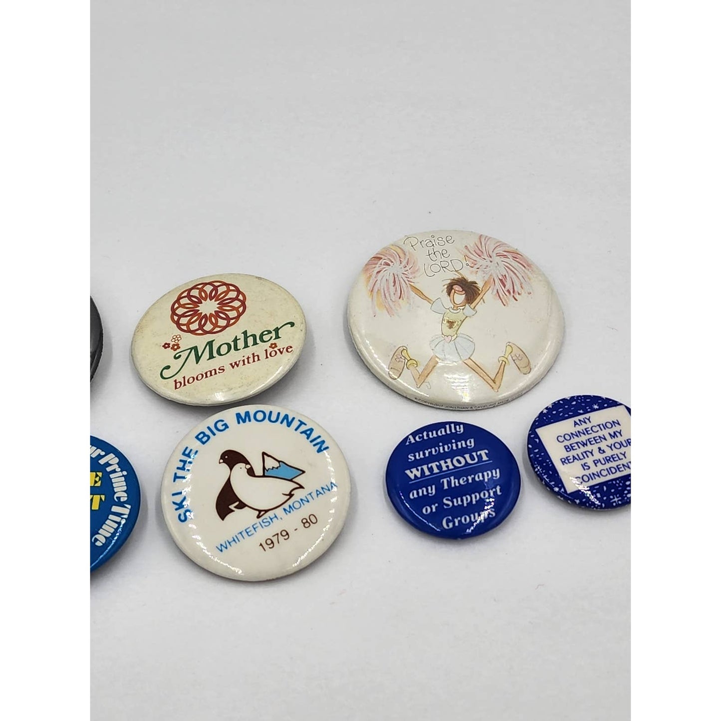 Vintage Buttons Lot 7 Praise Lord IndianHead Therapy Big Mountain Pins Pinback