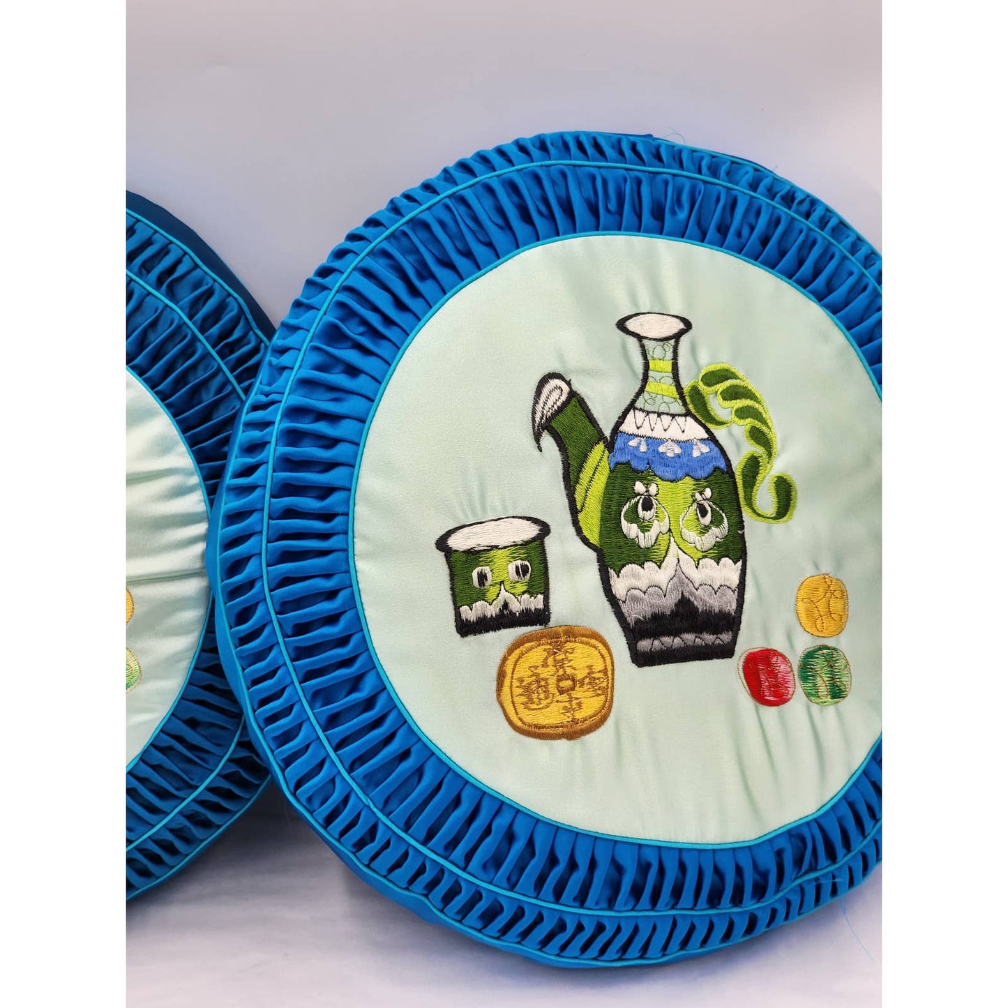 Asian Throw Pillows Pair Embroidered Blue Satin Round Decorative Tea Time