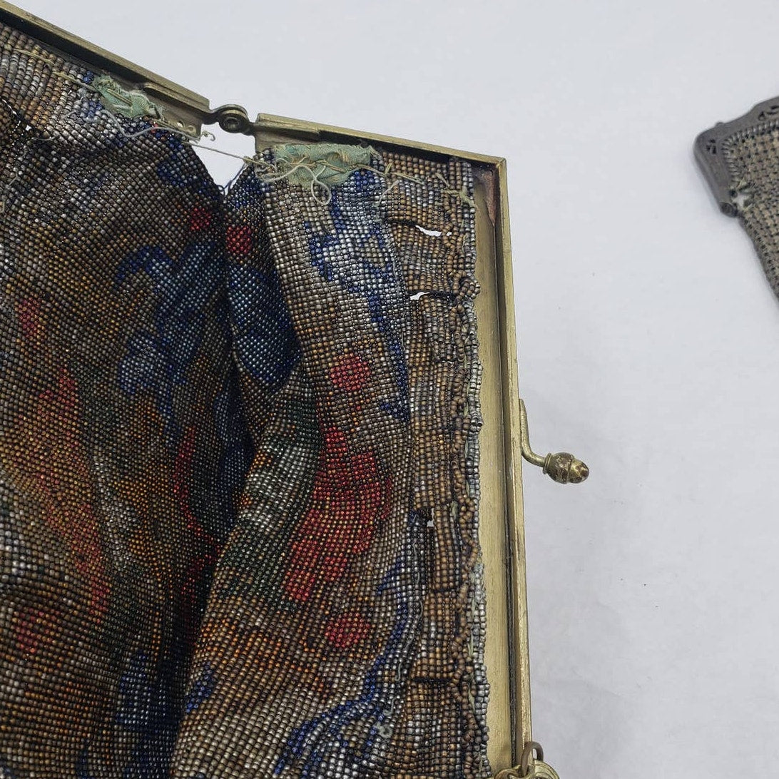 Antique 1920s Art Deco Enamel Metal Mesh Purse Lot 2 Pictorial Floral Chain Handbag Flapper Evening Bag Ornate Pierced Frames Collectible