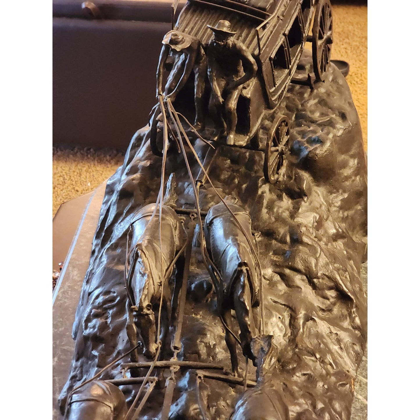 Large Stagecoach Bronze Sculpture Charles Russell Marble Base Western Art 46"