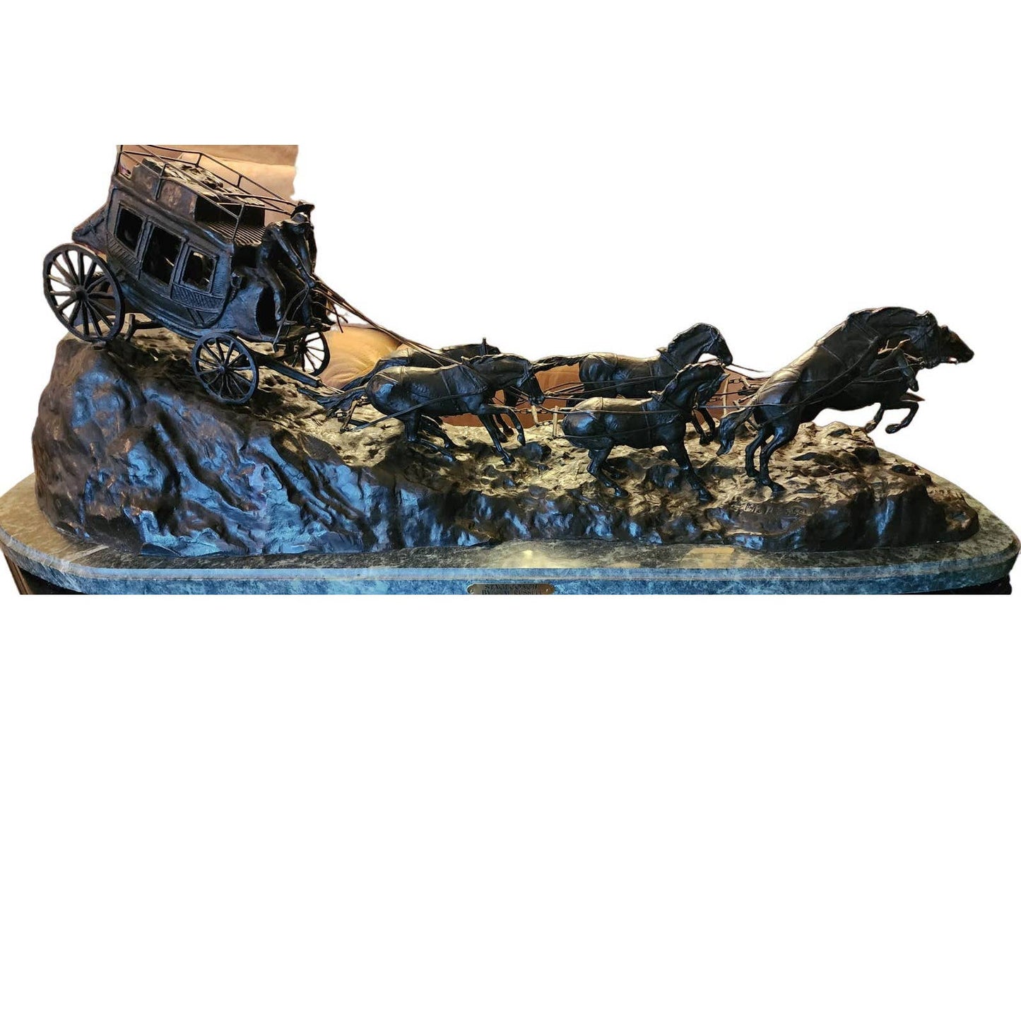 Large Stagecoach Bronze Sculpture Charles Russell Marble Base Western Art 46"