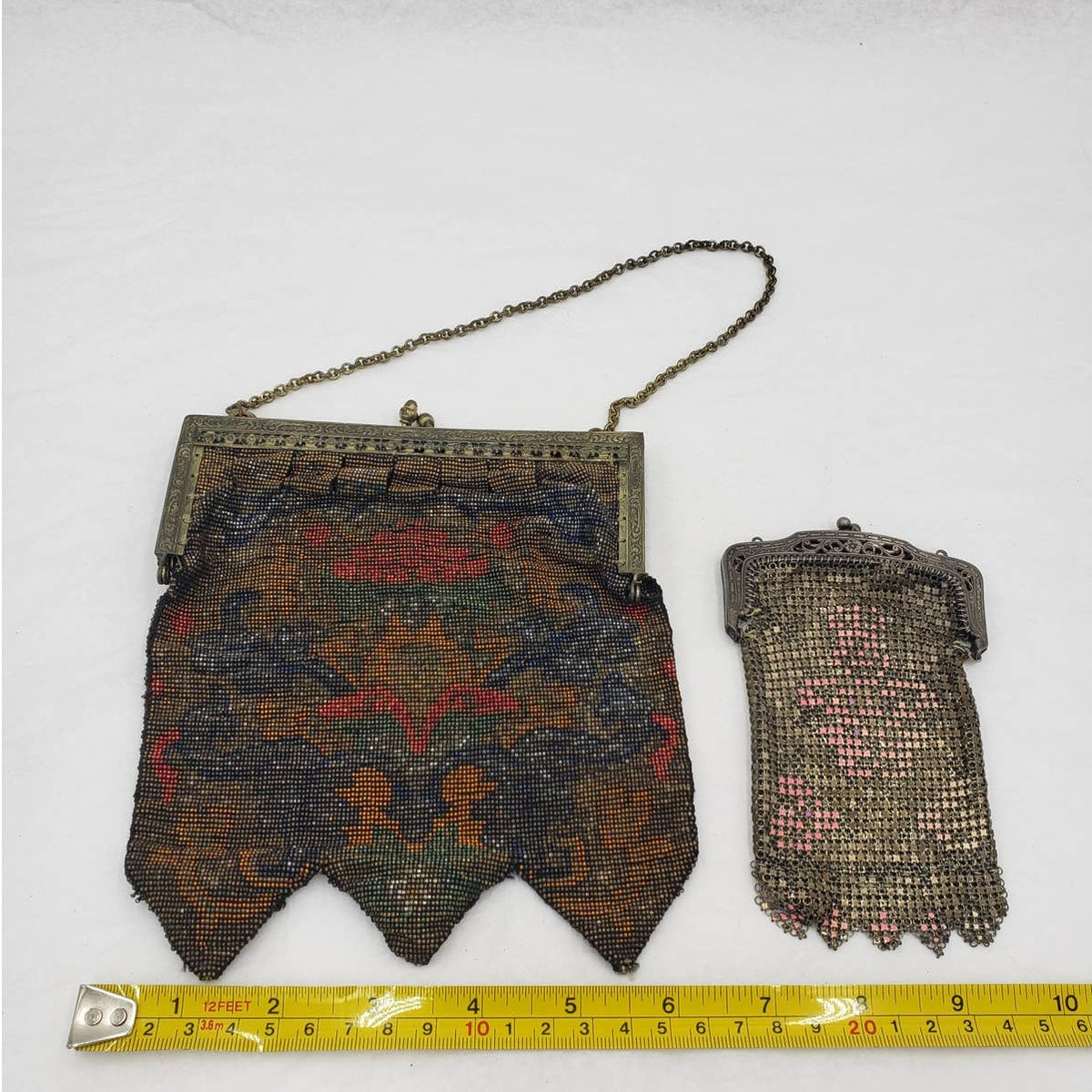 Antique 1920s Art Deco Enamel Metal Mesh Purse Lot 2 Pictorial Floral Chain Handbag Flapper Evening Bag Ornate Pierced Frames Collectible