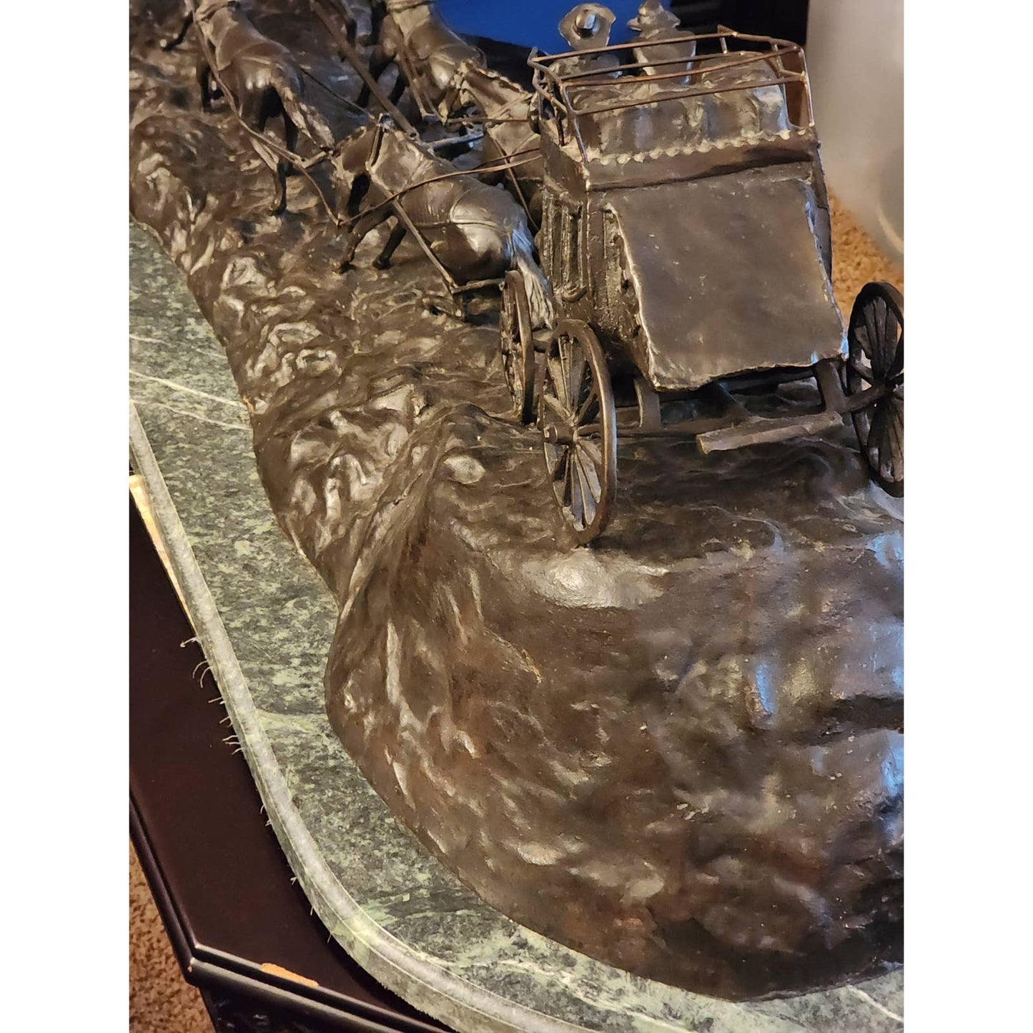 Large Stagecoach Bronze Sculpture Charles Russell Marble Base Western Art 46"