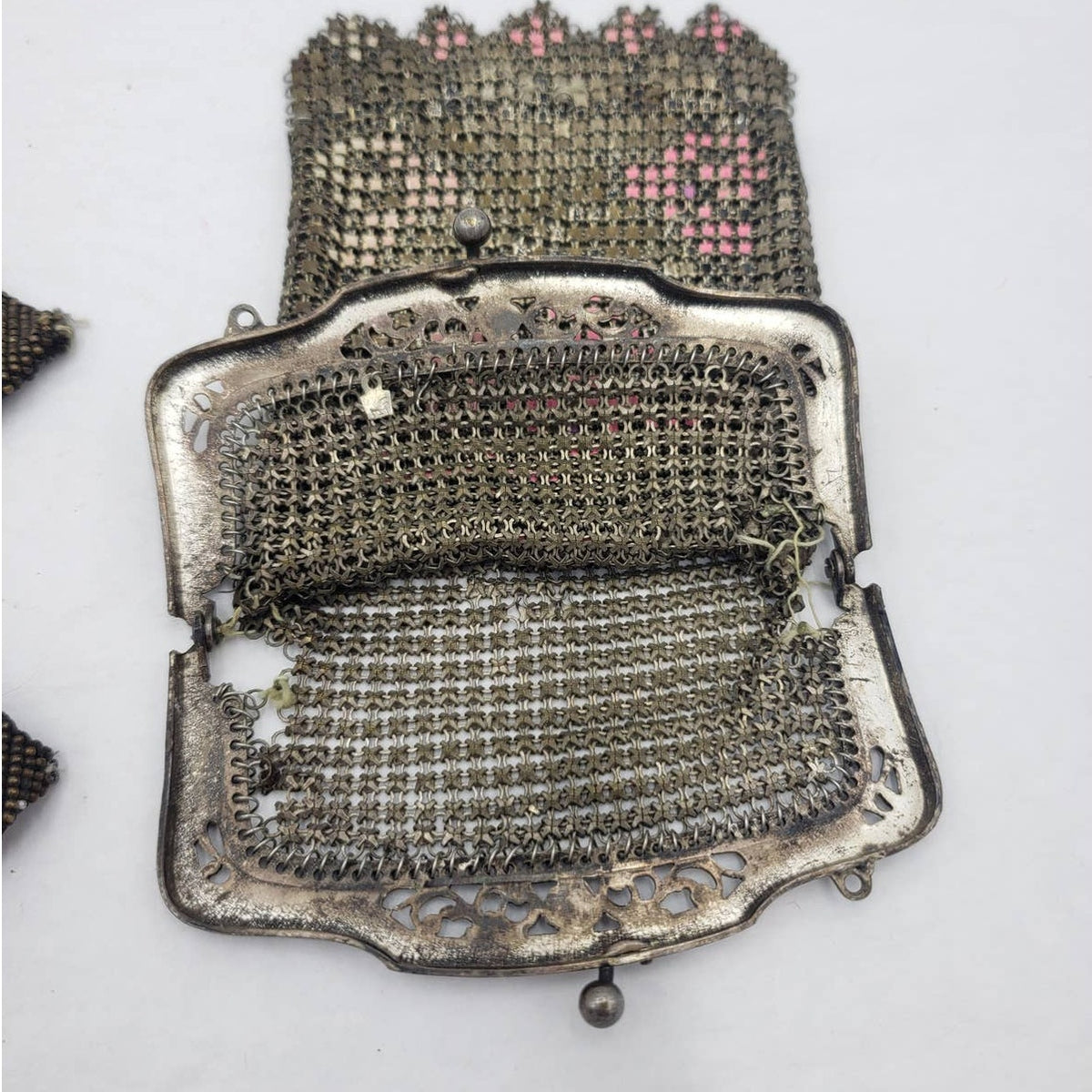 Antique 1920s Art Deco Enamel Metal Mesh Purse Lot 2 Pictorial Floral Chain Handbag Flapper Evening Bag Ornate Pierced Frames Collectible